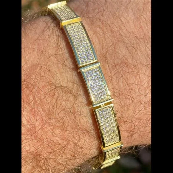 COPY - 14k Gold Over Solid 925 Sterling Silver Mens Iced Flooded Out Bracelet D… - Picture 2 of 10